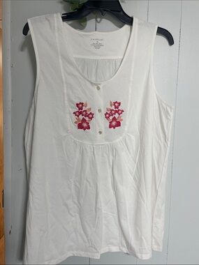 Kim Rogers White Sleeveless Tank with Pink and Coral Floral Embroidery